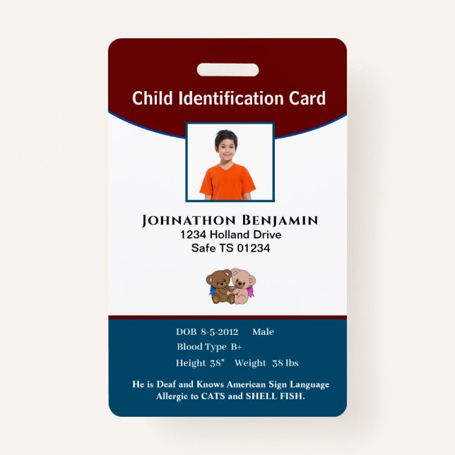 Child Boy Girl Photo Parent Contact Alert ID Badge (Front)