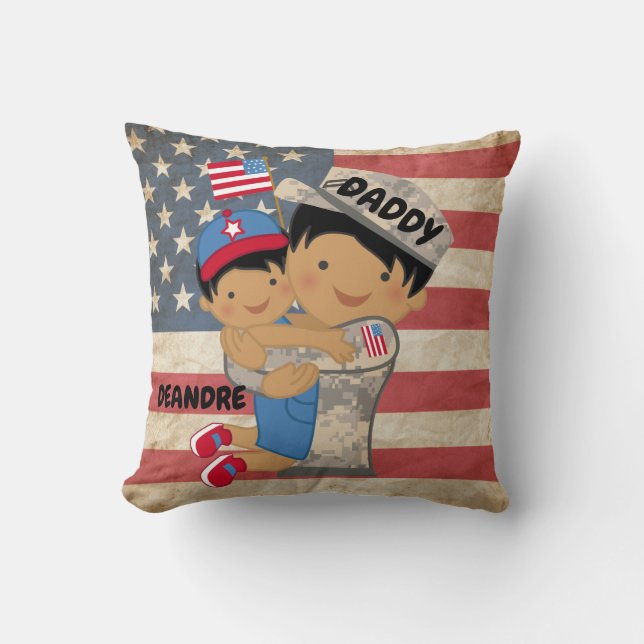 Child boy, son, Hugging Soldier Dad Pillow (Front)