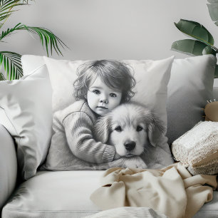 Child & Dog Innocence Captured Sketch Effect Throw Pillow