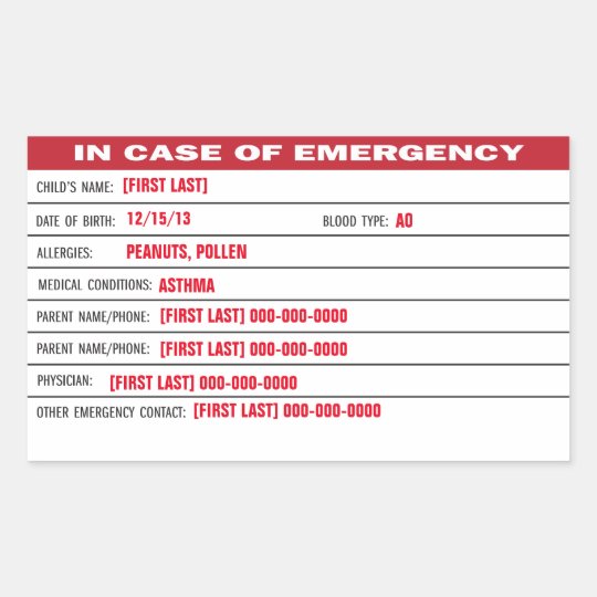 Child Emergency Information Sticker