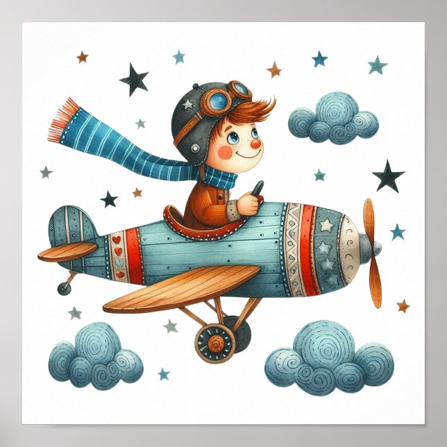 Child Flying Propeller Plane Whimsical Nursery Art Poster (Front)