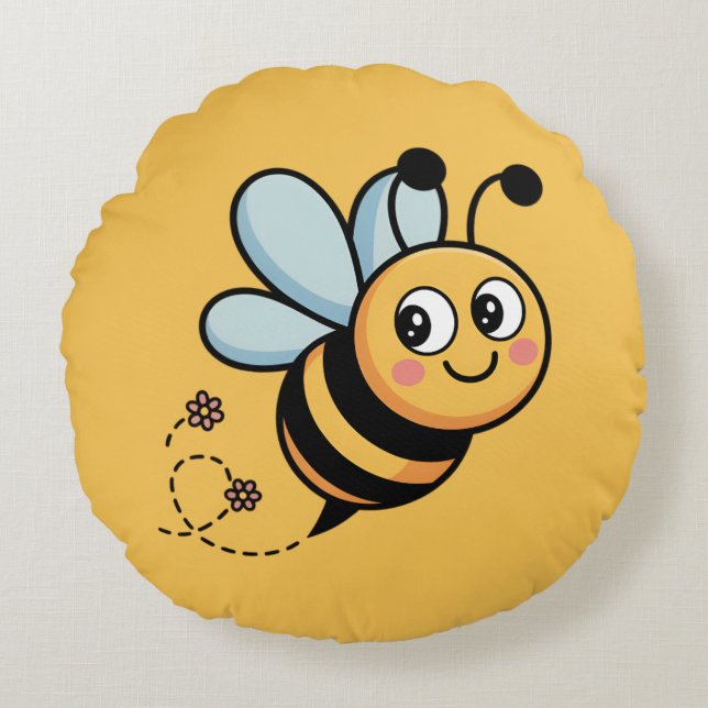 Child-Friendly Bee Mascot with Dotted Trail Round Pillow (Front)