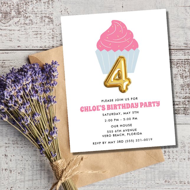 Child Girl Cupcake 4th Birthday Party  Invitation (Girl Cupcake 4th Birthday Party Invitation)
