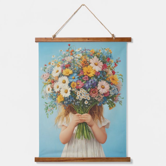 Child Holding a Lush Wildflower Bouquet Hanging Tapestry (Front)