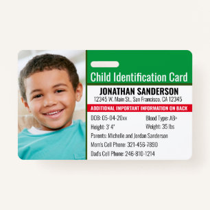 Child ID Emergency Allergy Photo Identification Badge