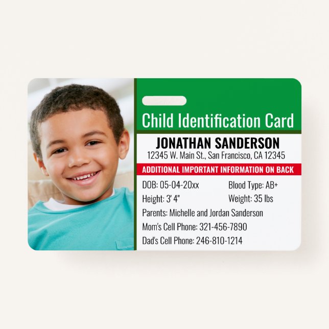 Child ID Emergency Allergy Photo Identification Badge (Front)