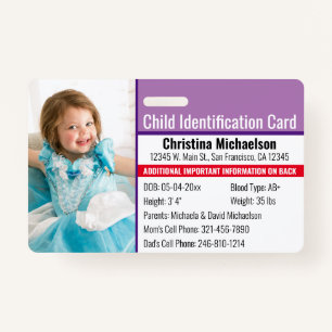 Child ID Emergency Allergy Photo Identification Badge