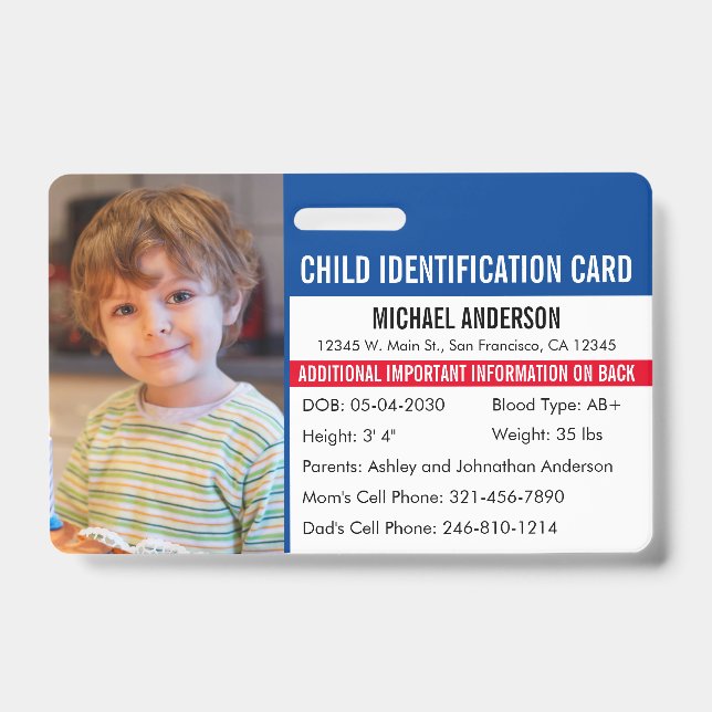 Child ID Identification Emergency Allergy Medical Badge (Front)