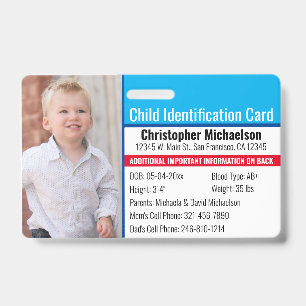 Child ID Identification Emergency Allergy Photo Badge