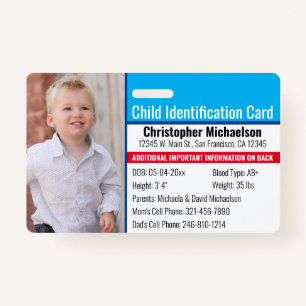 Child ID Identification Emergency Allergy Photo Badge