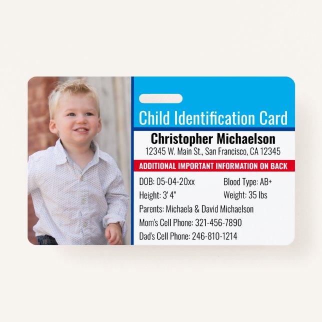 Child ID Identification Emergency Allergy Photo Badge (Front)