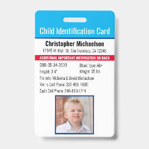 Child ID Identification Emergency Allergy Photo Badge
