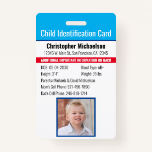 Child ID Identification Emergency Allergy Photo Badge