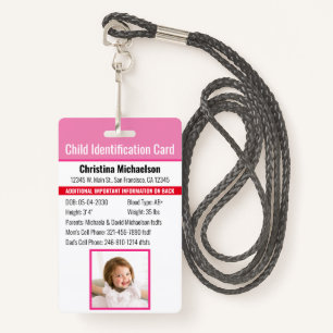Child ID Identification Emergency Allergy Photo Badge