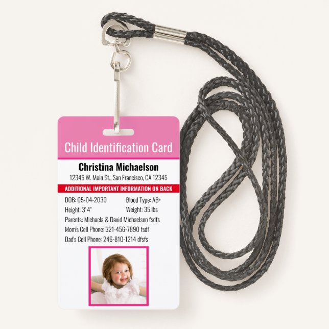 Child ID Identification Emergency Allergy Photo Badge (Front with Lanyard)