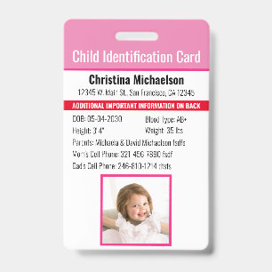Child ID Identification Emergency Allergy Photo Badge