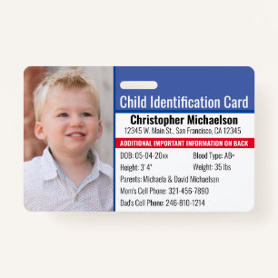 Child ID Identification Emergency Allergy Photo Badge