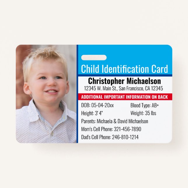 Child ID Identification Emergency Allergy Photo Badge (Front)