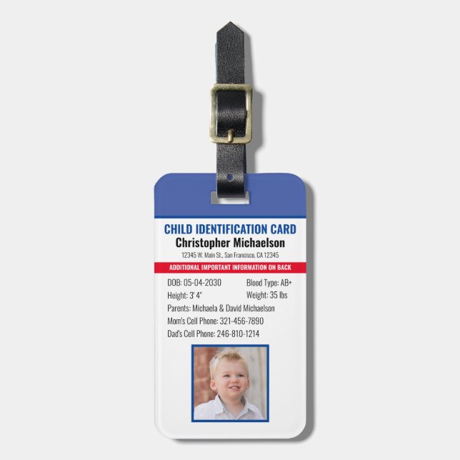 Child ID Identification Emergency Allergy Photo Luggage Tag (Front Vertical)