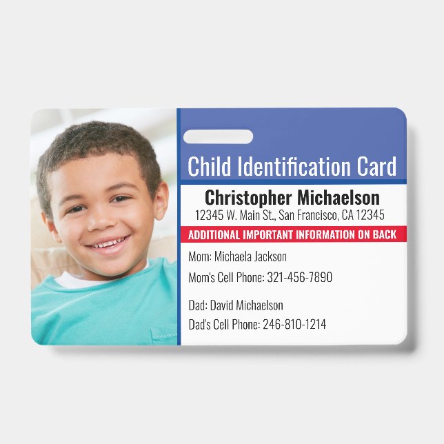 Child ID Medical Emergency Allergy Photo Badge (Front)