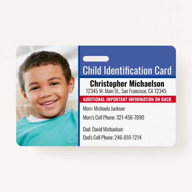Child ID Medical Emergency Allergy Photo Badge (Front)