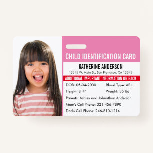 Child ID Medical Identification Emergency Allergy Badge