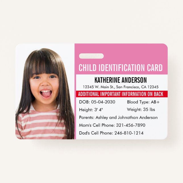 Child ID Medical Identification Emergency Allergy Badge (Front)