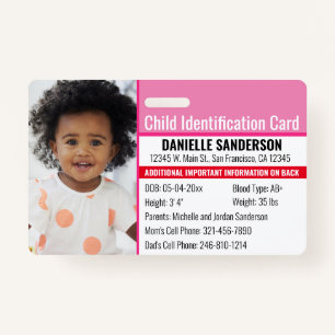Child ID Photo Identification Emergency Allergy Badge