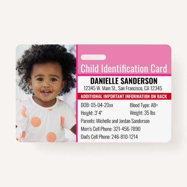 Child ID Photo Identification Emergency Allergy Badge (Front)