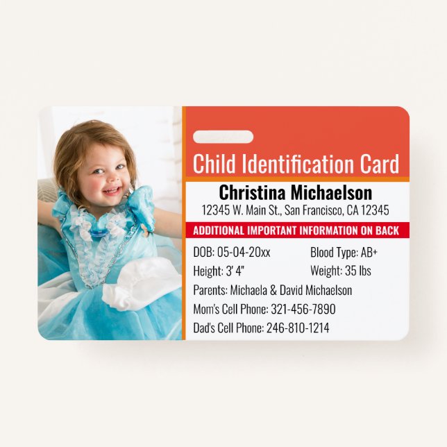 Child ID Photo Identification Emergency Allergy Badge (Front)