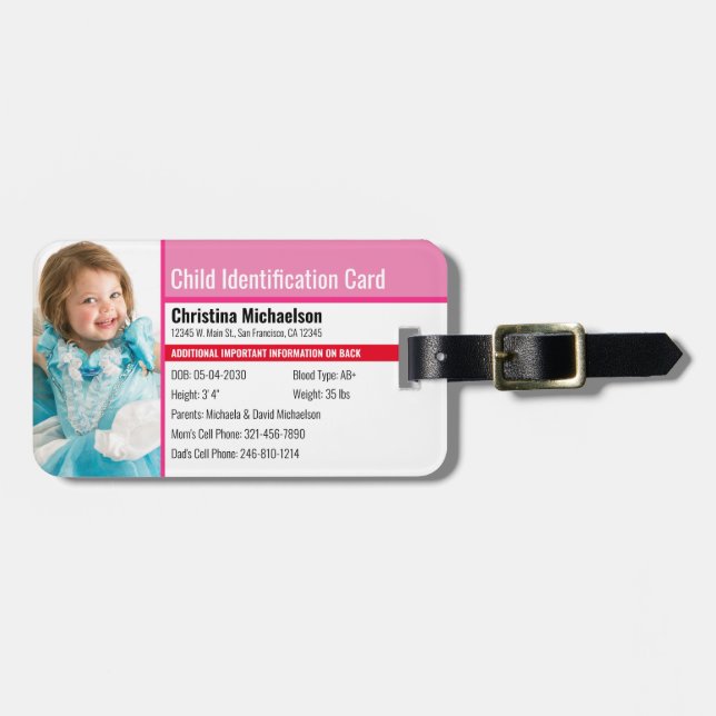 Child ID Photo Identification Emergency Allergy Luggage Tag (Front Horizontal)