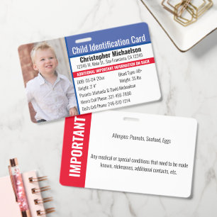 Child ID Photo Kids Emergency Contact Allergy Badge