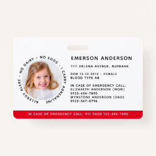 Child Identification Allergy Alert Emergency ID Badge