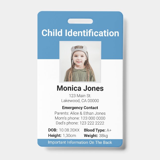 Child Identification Photo Blue Badge (Front)