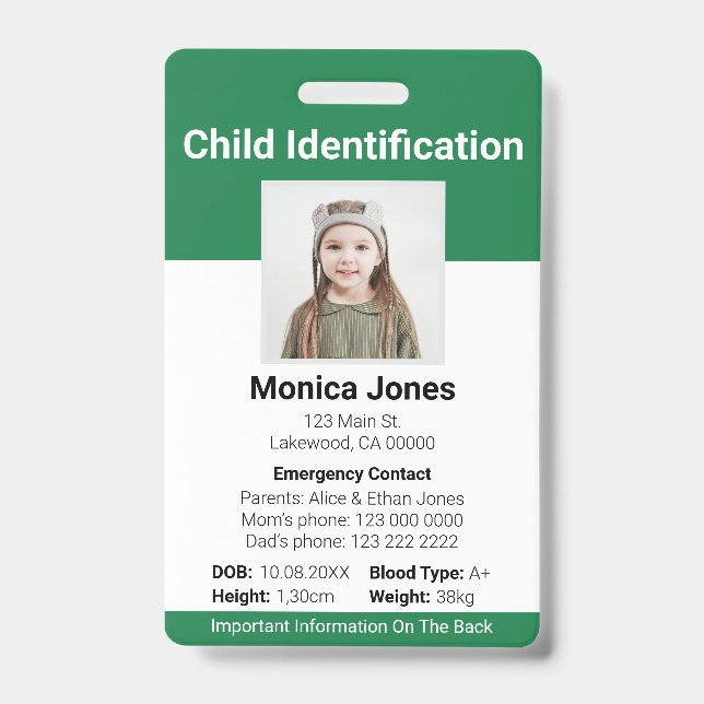 Child Identification Photo Green Badge (Front)
