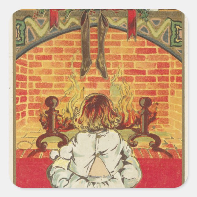 Child in Front of Fireplace Square Sticker (Front)