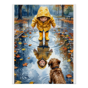 Child In Yellow Raincoat Puddle With Dog Fleece Bl Poster