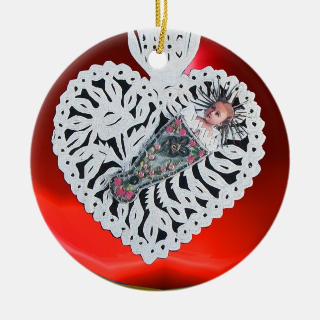 Child Jesus,Antique Christmas Heart Paper Carving Ceramic Ornament (Front)
