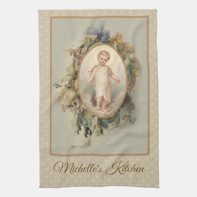 Child Jesus Autumn Floral Kitchen Towel (Vertical)