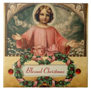 CHILD JESUS WITH ANGELS AND CHRISTMAS CROWNS TILE