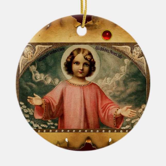 CHILD JESUS WITH ANGELS,  Parchment Ceramic Ornament (Front)