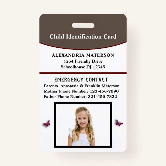Child Kid ID Identification Emergency Card  Badge (Front)