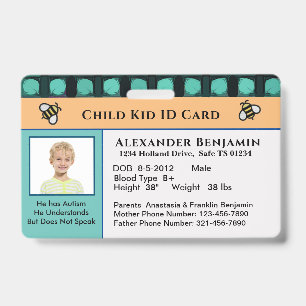 Child Kid ID Identification Personalize Card Badge