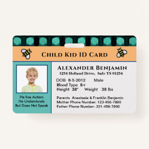 Child Kid ID Identification Personalize Card  Badge