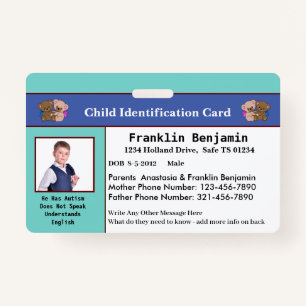 Child Kids Photo ID Identification Card Custom  Badge