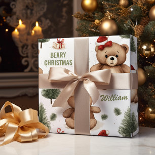 Child Name Teddy Bear Christmas  Wrapping Paper
