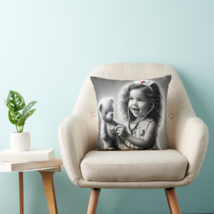 Child Nurse With Teddy Bear Throw Pillow