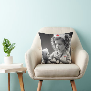 Child Nurse With Teddy Bear Throw Pillow