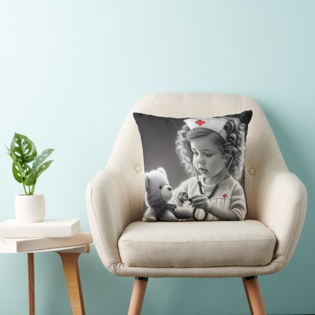 Child Nurse With Teddy Bear Throw Pillow (Chair)
