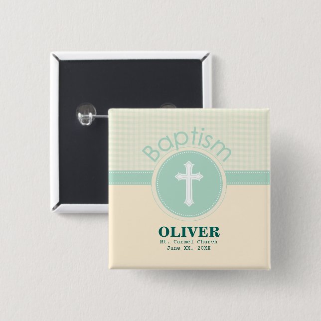 Child of God Baptism, Gender Neutral Green 2 Inch Square Button (Front & Back)